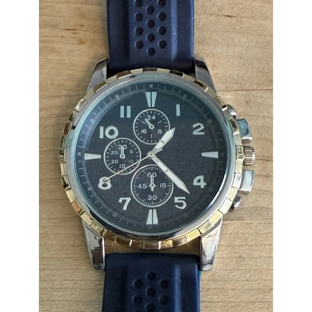 Men's Watch Chronograph Style Blue Rubber Strap Silver Gold Tone Quartz New